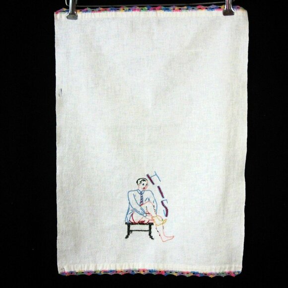 Flour Sack Linen His and Hers Towels Embroidered Crochet Edge Vintage 1950s - Picture 3 of 11